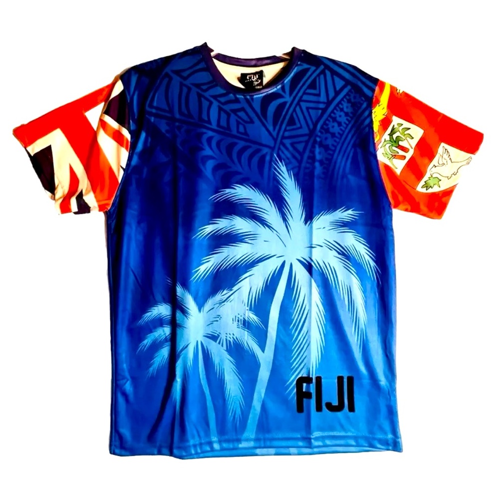 FIJI Men’s Size Large All Over Tribal Palm Tree Flag Print Jersey Shirt Blue NWT